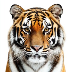 A close-up portrait of a tiger showcasing its striking features and intense gaze.