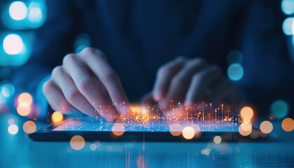 A person types on a tablet, surrounded by glowing data visualizations and digital effects, illustrating technology and innovation.