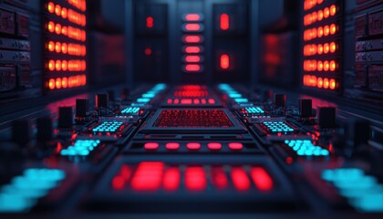 A futuristic control panel illuminated by vibrant red and blue lights, creating a high-tech ambiance.