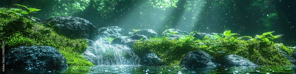 Poster a serene forest scene with a gentle stream, sunlight filtering through trees.