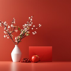 White Blossom Branches Red Vase Red Apple Red Envelope Minimalist Still Life