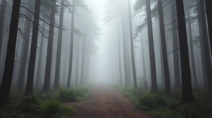 Fototapeta premium Mysterious Misty Forest Path Surrounded by Trees