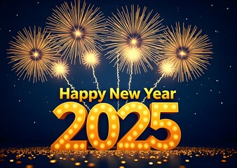 2025 New Year Abstract golden fireworks and golden gradient numbers on dark blue background