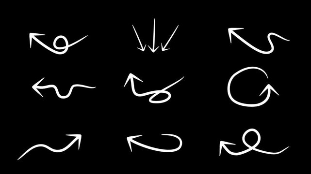 Handwriting  Curve Arrows Set Animated on black Background. Doddle  Path Curved Arrowhead Collection animation . 