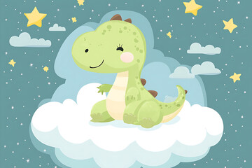 A cute cartoon dinosaur sitting on a cloud surrounded by stars and a night sky.