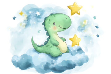 A cute dinosaur character surrounded by stars and clouds, evoking a whimsical, playful mood. © Suwandi