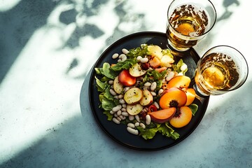 A delightful dinner at an Italian restaurant with shrimp salad and beer