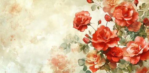 An Exquisite Vintage Painting of a Bountiful Arrangement of Red Roses with Delicate Yellow Accents