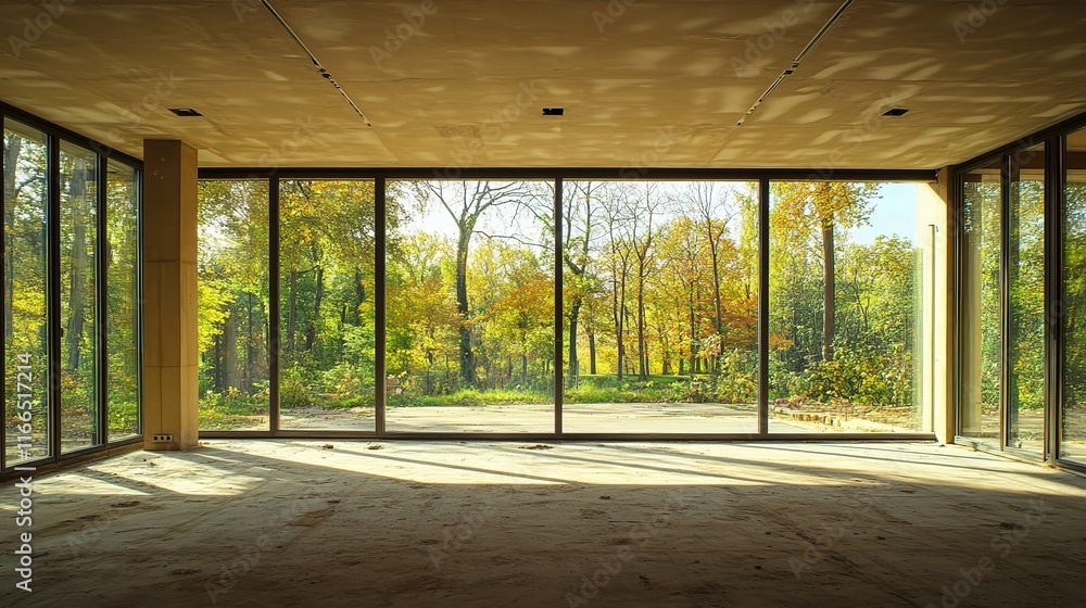 Poster spacious empty room with large glass window and scenic view