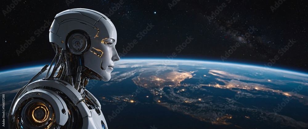 Poster android in space: a futuristic android contemplates earth from the vast expanse of space, its metall