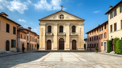 Fototapeta premium Architectural beauty of a historic church against a bright blue sky.