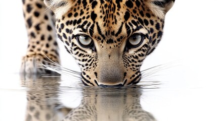 Fototapeta premium A close-up of a leopard drinking from water, showcasing its striking features and patterns.