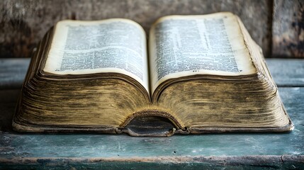 Obraz premium Open vintage book resting on a rustic wooden surface.