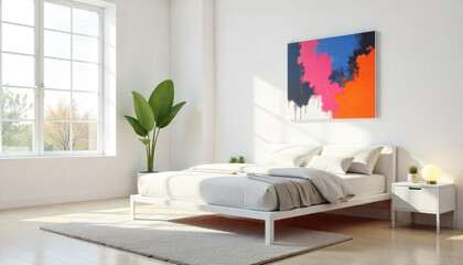 A contemporary interior design of a minimalist bedroom with a low-profile platform bed, large windows, sleek white walls, and a few carefully chosen art pieces adding a splash of color 01