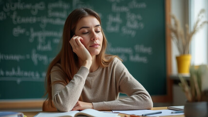 A tired teacher resting her eyes during a break. Kindergarten, elementary, or high school. Old-fashioned chalkboard in the background. Resting her head in her hand while sitting at her desk.