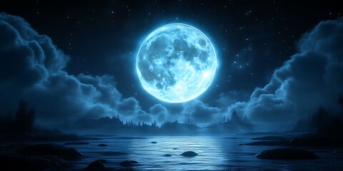 Blue moon over serene lake at night.