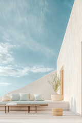 Modern outdoor seating area with minimalistic design against a bright blue sky