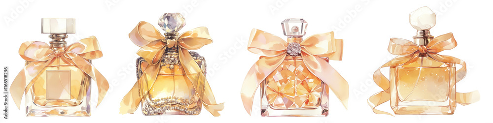 Wall mural PNG Elegant perfume bottles with bows, element set on transparent background