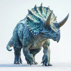 A realistic 3D rendering of a Triceratops dinosaur in an artistic pose.