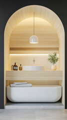 Modern minimalist bathroom design with a freestanding tub and elegant decor features