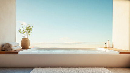 Tranquil bathroom with a view of a clear blue sky and serene decor elements