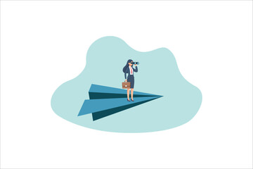 Illustration business woman using binoculars on paper plane. Research and forecast concept. Vector illustration.
