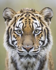 Fototapeta premium A close-up of a tiger's face showcasing its striking features and intense gaze.