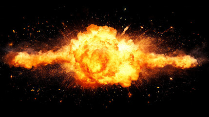 explosion against black background with fiery fireball and bright orange sparks in high-resolution isolated burning blast effect