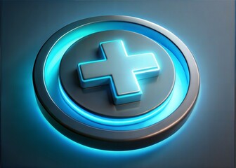 Obraz premium 3D Neon Medical Cross Button – Plus Sign, Health Symbol, and Medical Concept Design