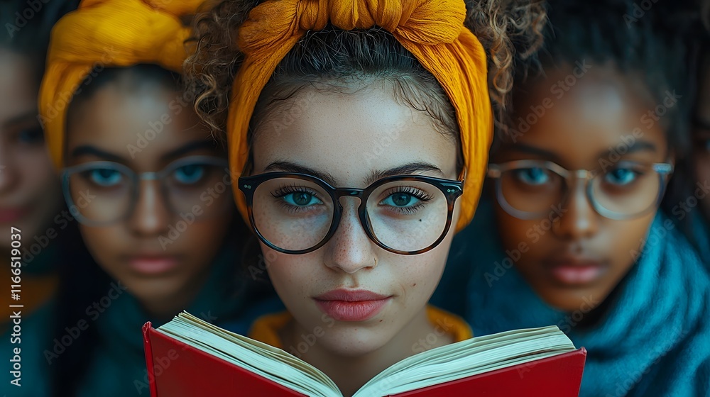 Poster diverse group of students reading the same book in different languages symbolizing unity and equal l
