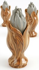 Three decorative vases with stylized floral designs in a wooden texture.