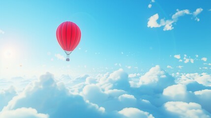 Fototapeta premium A solitary vibrant red hot air balloon drifting in a clear blue sky, with soft clouds scattered around it and the sun casting warm light on the scene.