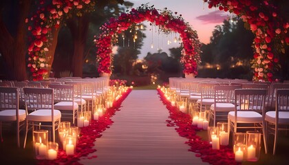 Romantic Outdoor Wedding Ceremony Red Flowers Candles Aisle