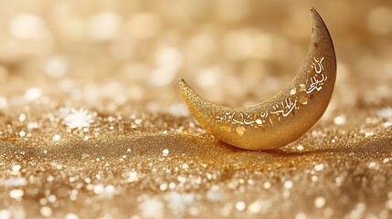 Golden Crescent Moon Decorated With Arabic Calligraphy