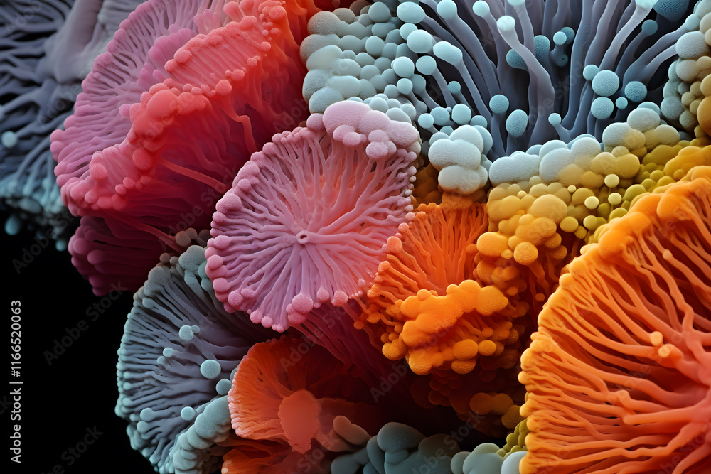 Poster exploring electron microscopy of colorful fungus structures laboratory scientific imagery macro envi