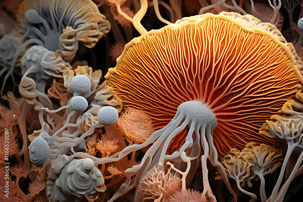 Poster exploring electron microscopy of fungi detailed insights into mycelium structures in nature