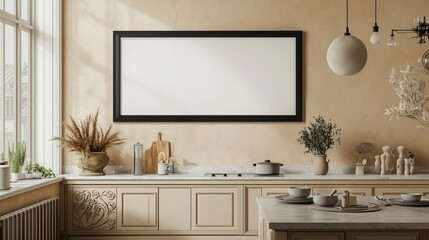 Kitchen setting with black frame on wall, highlighted by natural light.