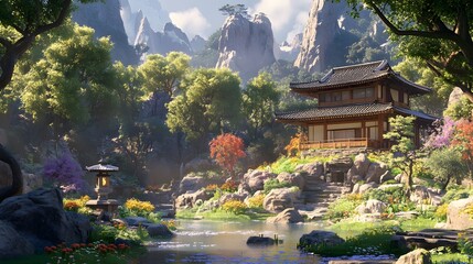 Fototapeta premium Serene Japanese garden with a traditional house and vibrant flowers amidst mountains.