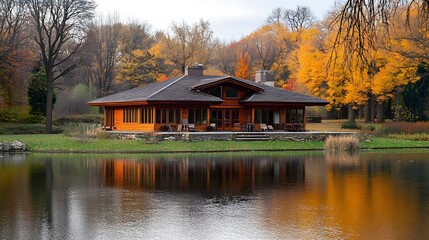 Fototapeta premium Scenic wooden house surrounded by autumn foliage reflecting on a tranquil lake.