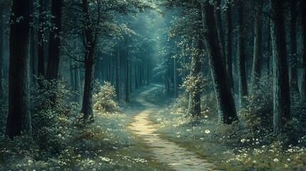 Obraz premium Serene forest pathway surrounded by lush greenery and soft morning light.