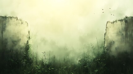 Misty Forest Scene with Ancient Ruins and Birds