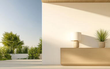 Modern interior design featuring minimalist decor and natural elements in bright sunlight