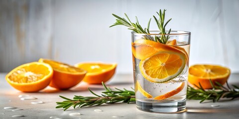 Fototapeta premium Long Exposure Photography: Refreshing Glass of Water with Orange & Rosemary