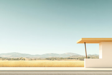 Obraz premium Landscape view of a minimalist building against a serene mountain backdrop during daylight