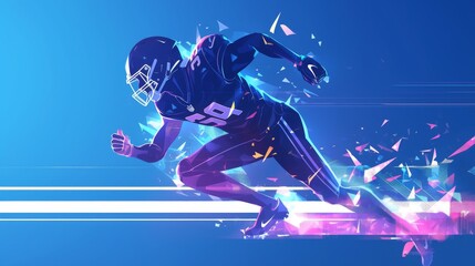 American Football Player Running Fast Through a Futuristic Digital Field..