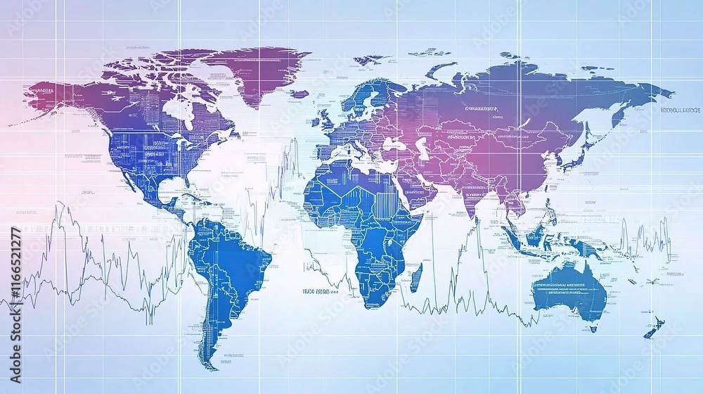 Poster world map with graph lines overlaid for data visualization purpose