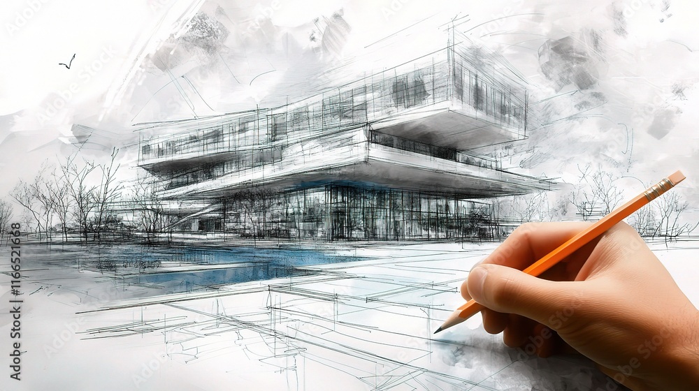 Poster detailed blueprint sketches of a modern building with engineer