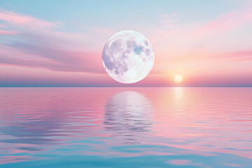Serene sunset seascape with a large full moon reflecting on calm pink water. Dreamy, peaceful, and magical atmosphere. Perfect for relaxation, meditation, and spiritual themes.
