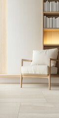 Bright and minimalistic interior design featuring a cozy chair and bookshelf