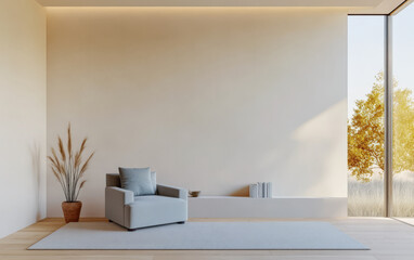 Modern minimalist living space with natural light and simple decor